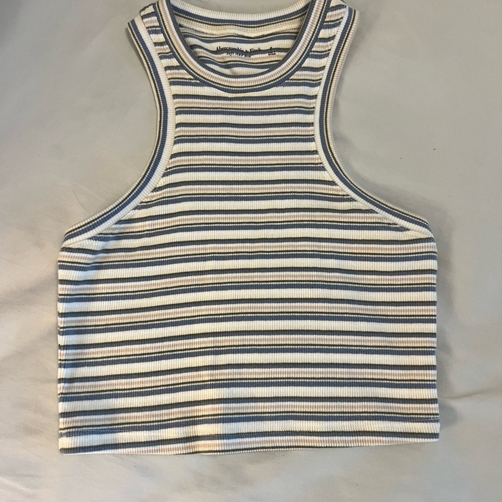Abercrombie & Fitch cropped essential striped scuba tank. Blue/tan/olive. Small
